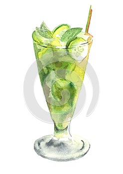 Glass of Mojito. Watercolor hand drawn illustration