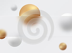 Glass morphism background. Glass banner made of transparent frosted glass with gold and white spheres on a light