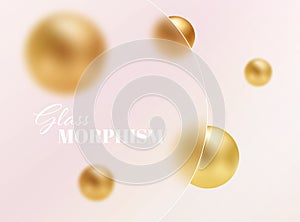 Glass morphism background. Glass banner made of transparent frosted glass with golden spheres on a light background.
