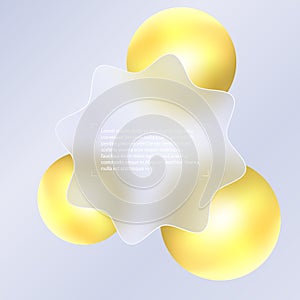 Glass morphism background. Glass rounded wavy banner made of transparent frosted glass and gold spheres on a light