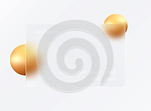 Glass morphism concept with 3D golden spheres. Frosted glass effect. Transparent bank card.