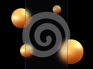 Glass morphism effect. Black background with a transparent dark partition and golden spheres.