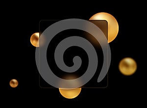 Glass morphism effect. Square banner made of transparent glass. Golden 3D spheres on a black background.