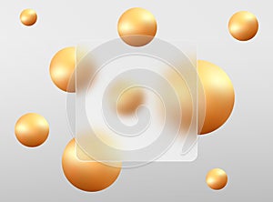 Glass morphism landing page with square frame and blurry floating golden spheres on light background.