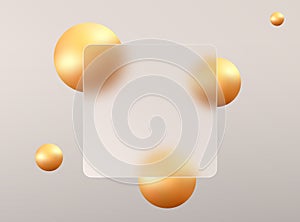 Glass morphism landing page with square frame. Illustration with blurry floating golden spheres on a light background.