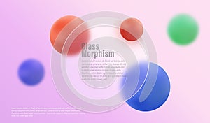 Glass morphism with transparent round frame on colorful gradient, colored spheres.