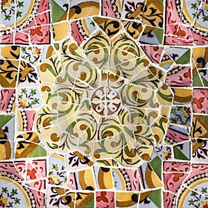 Glass mosaic ceramic tile, decoration in Park Guell, Barcelona,