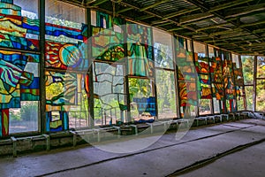 Glass mosaic at riverside cafe in the Ukrainian town Pripyat