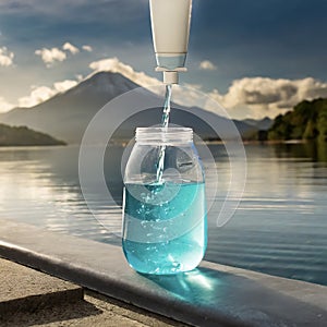 Glass of mouthwash with added water outdoors in a sunset landscape