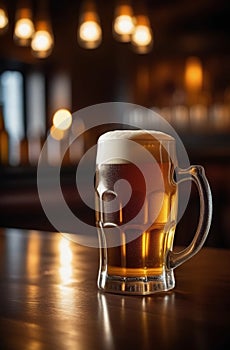 glass mug with beer on the bar counter. Generative AI