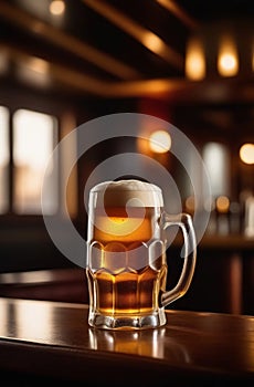 glass mug with beer on the bar counter. Generative AI