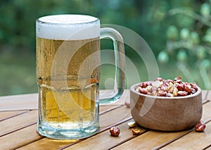 Glass mug of beer and bowl of nuts