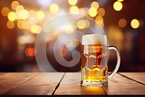 glass mug of beer with foam on table