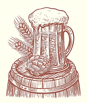 Glass mug of beer on wooden barrel. Brewery, pub sketch. Hand drawn vintage vector illustration
