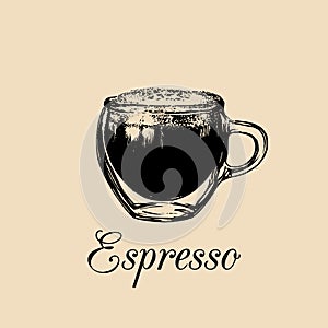Glass mug, cup of coffee. Vector espresso illustration. Hand drawn sketch of soft drink for bar, cafe menu design etc.