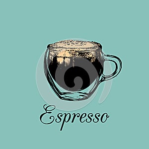 Glass mug, cup of coffee.Vector espresso illustration.Hand drawn sketch of soft drink for bar,cafe menu design,logo etc.