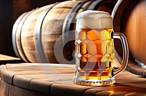 glass mug with fresh draft beer, wooden barrels in the background in the Beer Bar