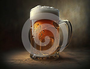 Glass mug of gold beer with froth on the wood table. Pint of alcohol drink in dark colors. Generative AI