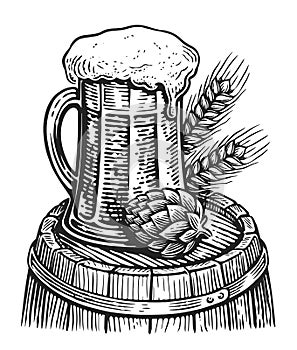 Glass mug with a handle full of fresh, cool beer. Malt drink. Sketch illustration photo