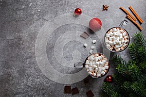 Glass mug with hot chocolate cocoa drink with marshmallow. Copy space. Dark background. Winter, Christmas and New Year drink.