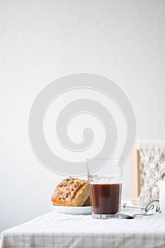 Glass mug of hot chocolate drink isolated on white background