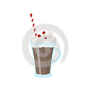 Glass mug of hot chocolate with whipped cream and red cranberries. Drinking straw in cup. Flat vector icon