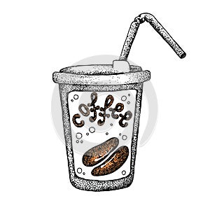 A glass mug of hot drink coffee, tea, etc. and coffee beans. Illustration with a watercolor background for the design of