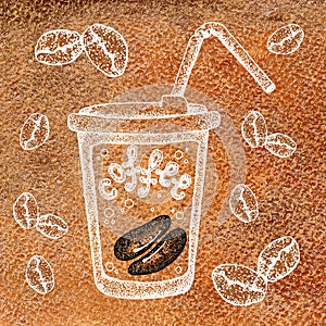 A glass mug of hot drink coffee, tea, etc. and coffee beans. Illustration with a watercolor background for the design of