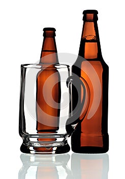 Glass mug and two bottles of beer, isolated