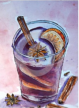 A glass of mulled wine. Christmas still life . Cinnamon. Lilac.