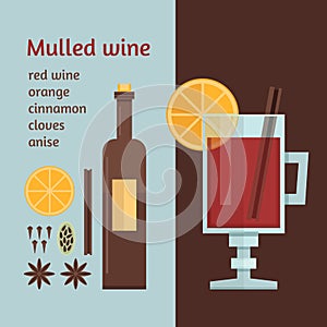 Glass of mulled wine and ingredients for cooking. Vector