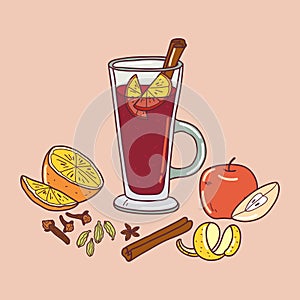 Glass of mulled wine with mulling spices. Illustration traditional hot drink at Christmas time. Autumn and winter holidays. Hand-d