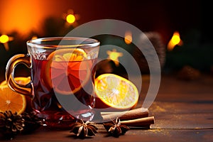 Glass of mulled wine on wooden background, copy space. Warming drink based on red wine. Glass of hot red wine cocktail with spices