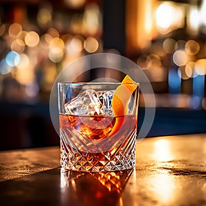 Glass of Negroni cocktail on bar, tasty + close shot + cinematic shot + photo taken by ARRI, photo taken by sony, photo taken by c