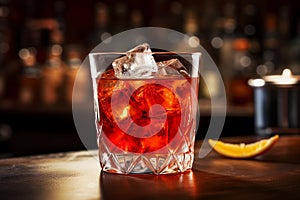 A glass of Negroni Sbagliato liqueur with ice cubes on a bar counter photo