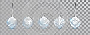 Glass New Year balls set with snowflake pattern on a transparent background. Christmas bauble for design. Xmas festive