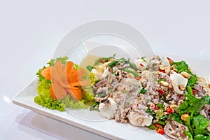 Glass noodle with pork, seafood, nut, vegetable is spicy food or Yum Woon Sen