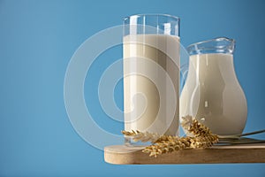 A glass of oat milk and oat flakes. The concept of alternative lactose-free dairy products.