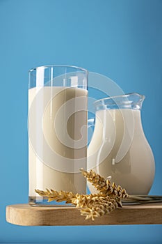 A glass of oat milk and oat flakes. The concept of alternative lactose-free dairy products.