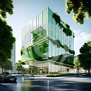 glass office building in a green city - a modern and sustainable architectural marvel