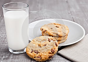 Glass og milk with coockies for breakfast morning