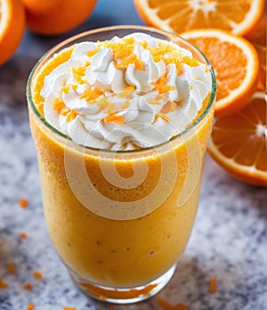 Glass of orange creamsicle smoothie with whipped cream, orange slices, and a straw, garnished with a slice of orange. AI