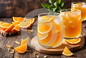 Glass of orange ginger punch with orange slices, ginger slices, and ice cubes, garnished with an orange twist on the rim