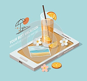 Glass of orange juice and beach accessories on phone