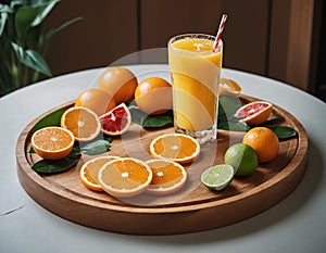 A glass of orange juice bloom refrigeration effect. On a wooden tray two orange and mint leaves