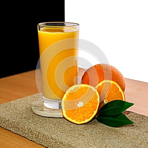 Glass with orange juice decorated fruits on stone isolated on white background, concept  healthy food