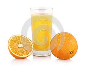 Glass of orange juice with fresh shiny orange slice isolated on white background with shadow reflection and clipping path
