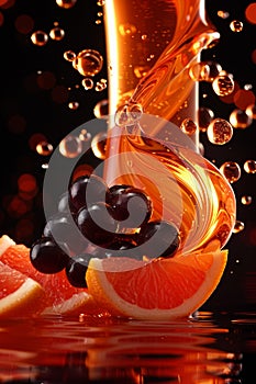 A glass of orange juice with grapefruit and blackberries, AI