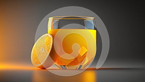 a glass of orange juice next to an orange slice on a reflective surface with a gray background and a yellow light behind it, with