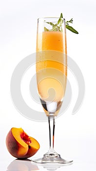 A glass of orange juice next to a peach. AI generative image. Peach Bellini Mocktail.